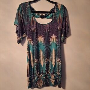 Baby Phat Teal Purple Patterned Open Back Tunic Mini Dress Large Size